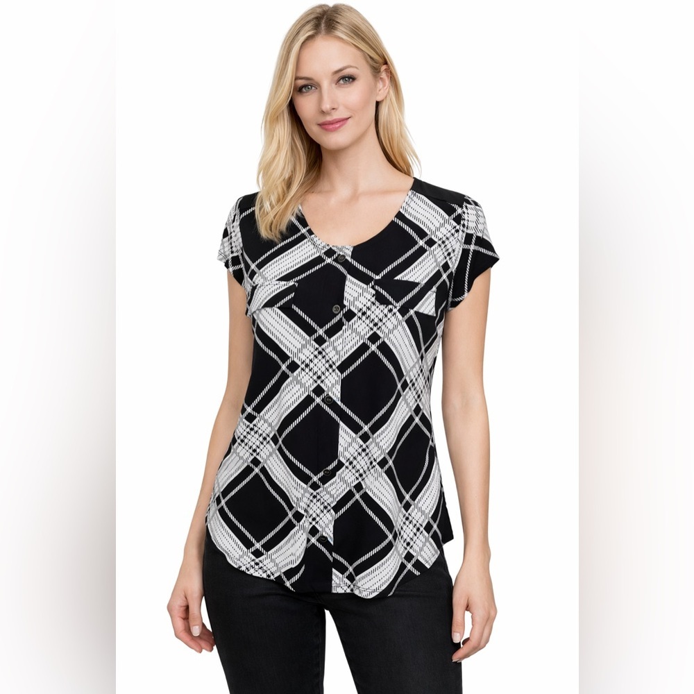 Diana Belle Women’s Black/white Top Blouse Size Small Short Sleeve